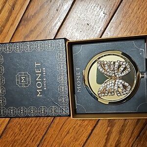 Monet Compact Double Mirror Gold Tone Crystal Butterfly